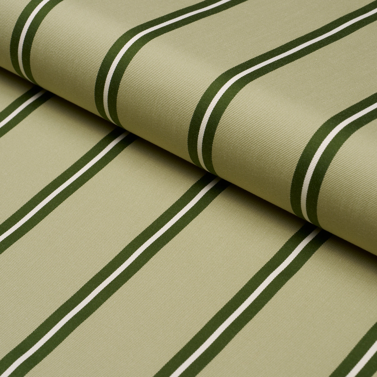 Beige fabric with dark green striped pattern, rolled bolt, woven textile for upholstery or curtains.