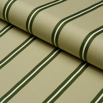 Beige fabric with dark green striped pattern, rolled bolt, woven textile for upholstery or curtains.