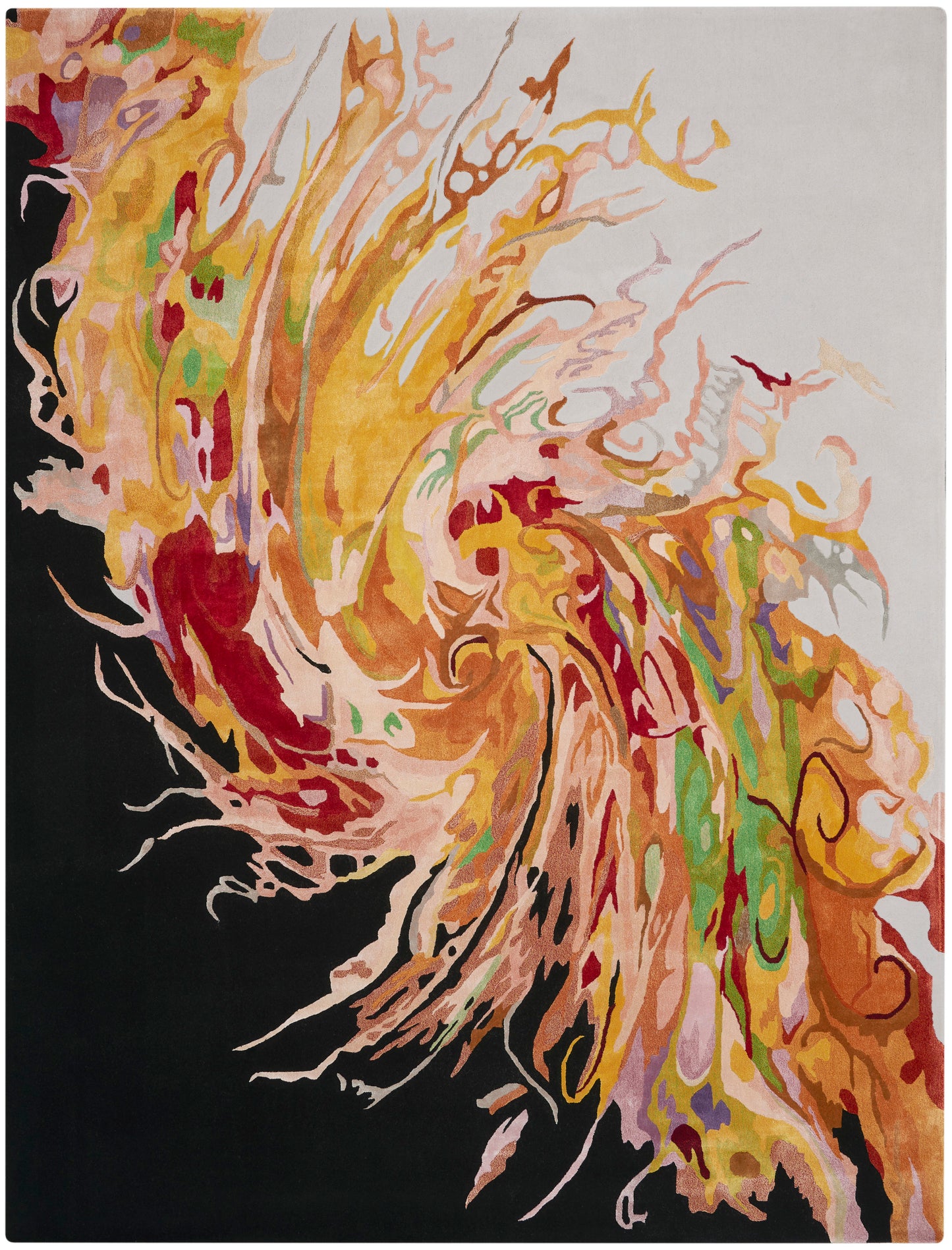 Abstract swirl rug in vibrant yellows, oranges, pinks and greens on black edge; rectangular modern art textile.