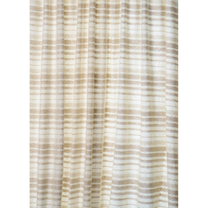 Beige and cream striped curtain fabric with soft, pleated folds; neutral window drapery.