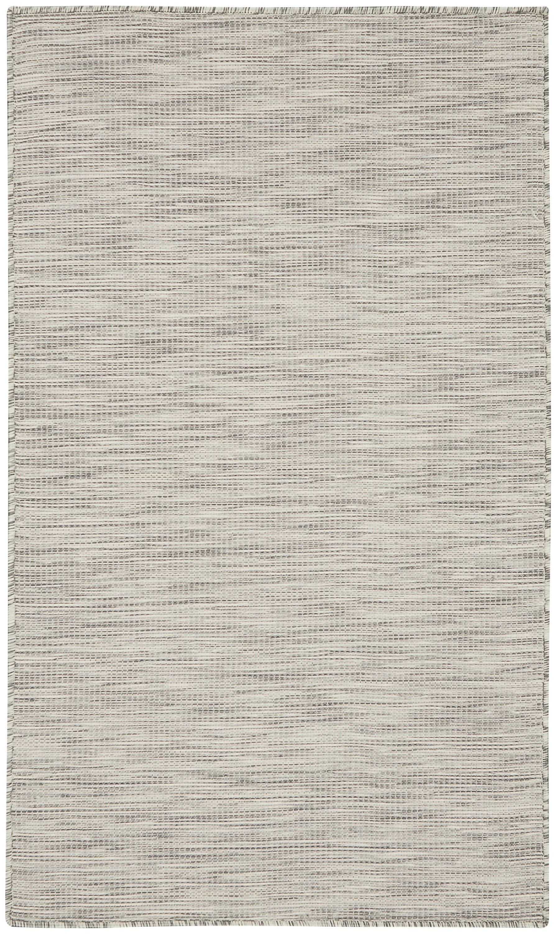 Beige woven area rug with subtle horizontal stripes and natural fiber texture; rectangular with bound edges.