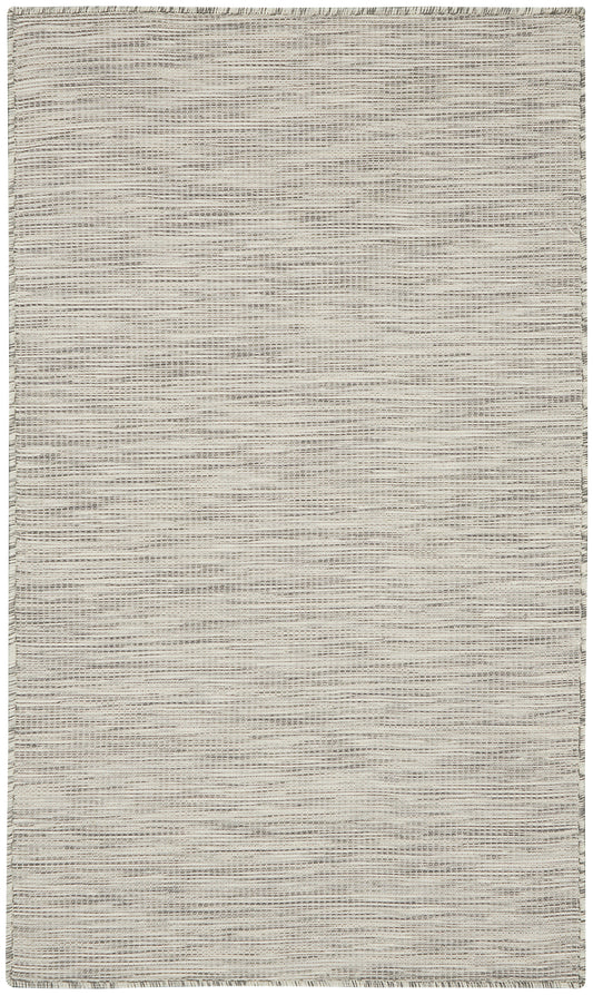 Beige woven area rug with subtle horizontal stripes and natural fiber texture; rectangular with bound edges.