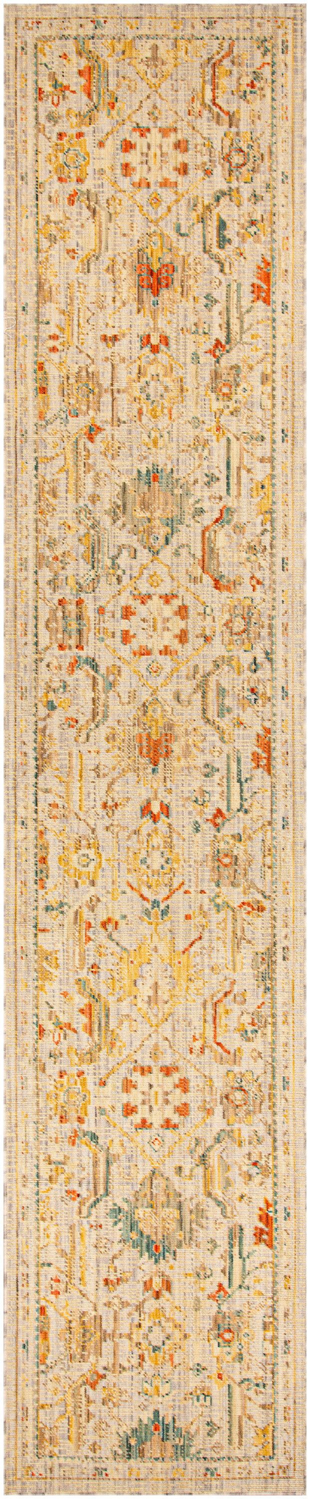 Beige oriental runner rug with orange, yellow, green and blue floral motifs and decorative border.