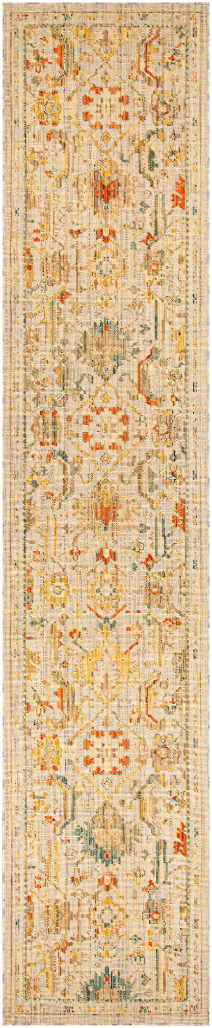 Beige oriental runner rug with orange, yellow, green and blue floral motifs and decorative border.