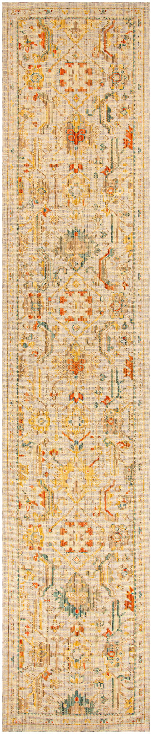 Beige oriental runner rug with orange, yellow, green and blue floral motifs and decorative border.
