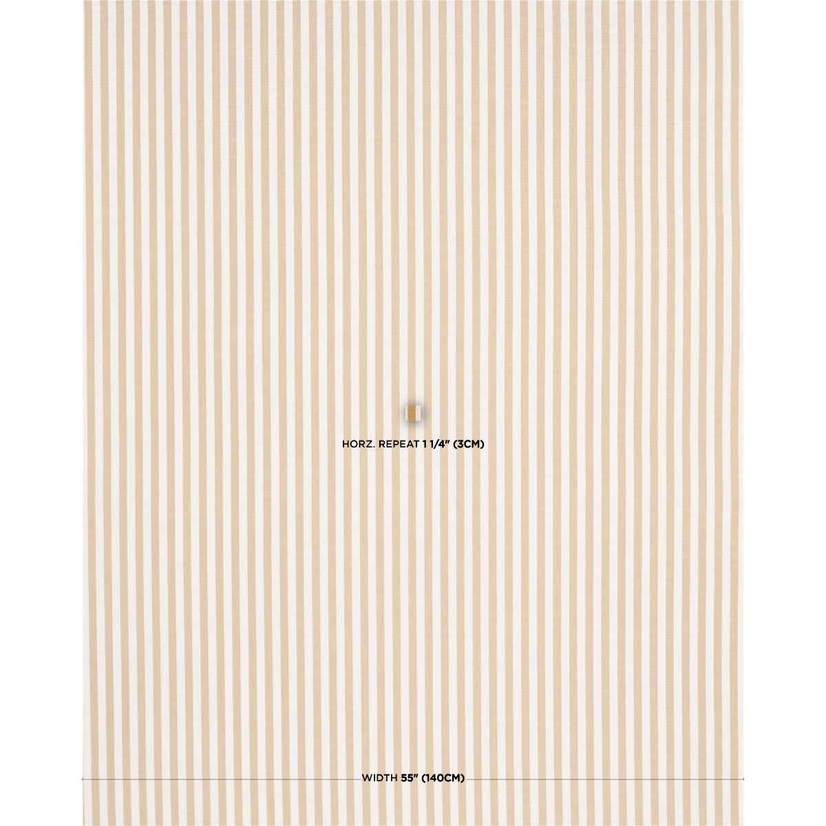 Beige striped wallpaper with vertical cream and tan stripes; 55" wide, 11 1/4" horizontal repeat.
