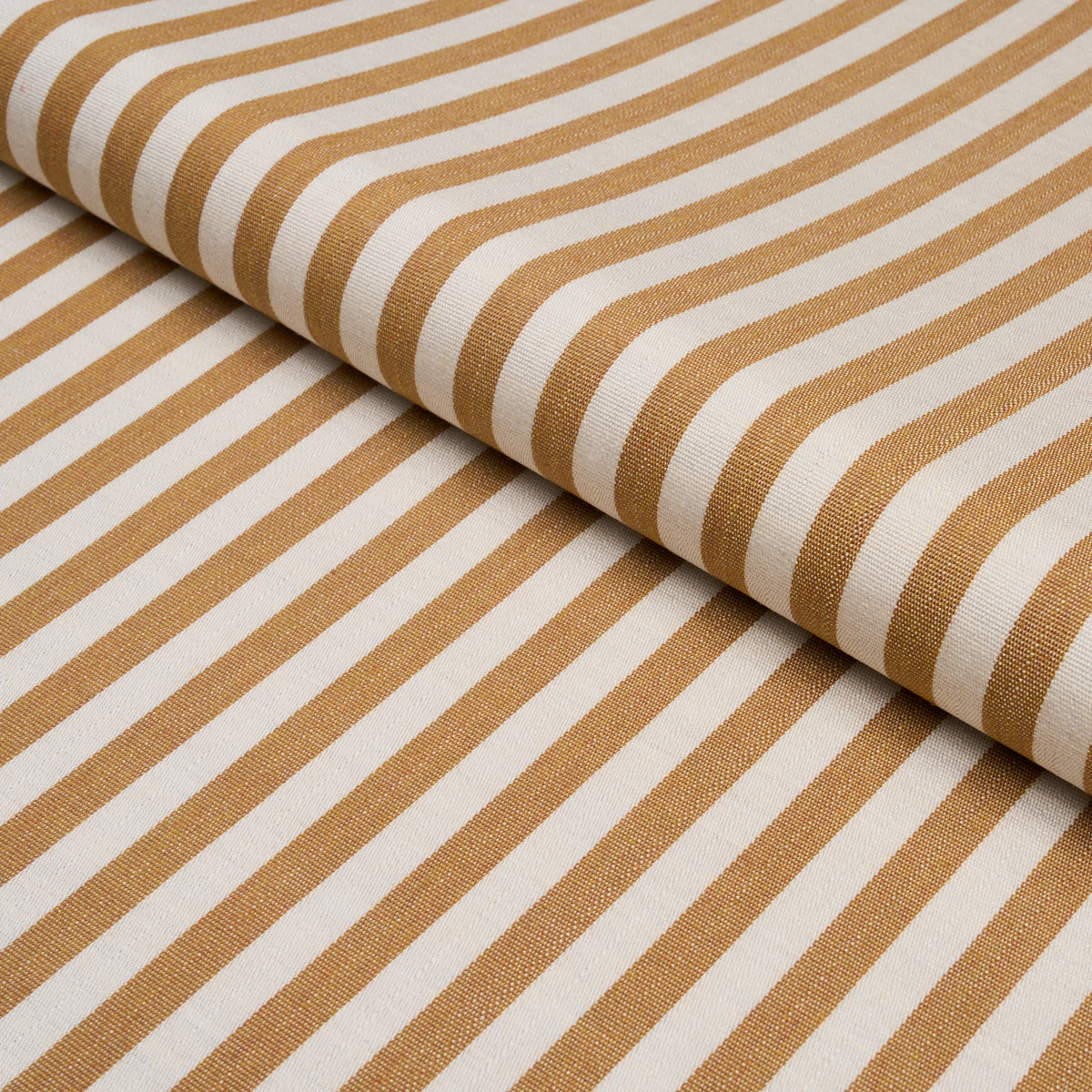 Roll of marigold & tan striped woven fabric, indoor/outdoor, narrow woven, diagonal view.
