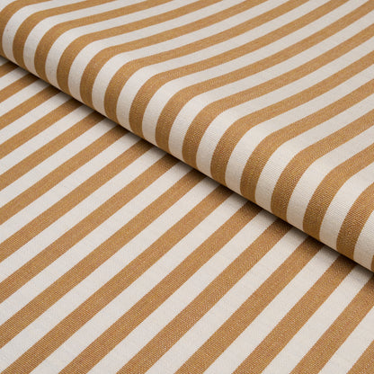 Roll of marigold & tan striped woven fabric, indoor/outdoor, narrow woven, diagonal view.