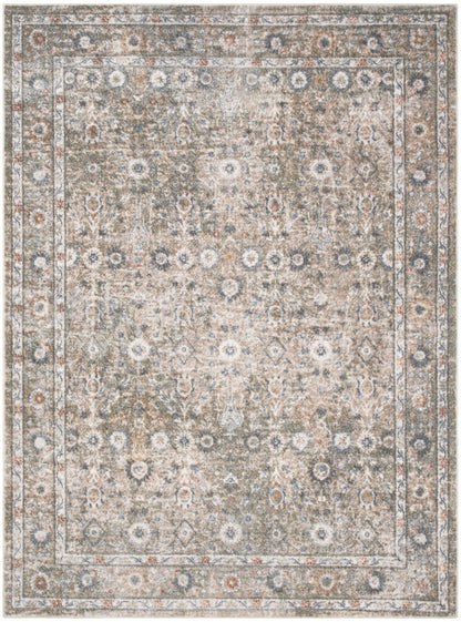 Rectangular distressed Persian-style area rug in beige, ivory and gray with blue accents and ornate floral border.