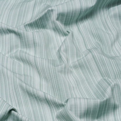 Mint green and white striped fabric with soft, wrinkled texture; lightweight woven material for shirts or bedding.