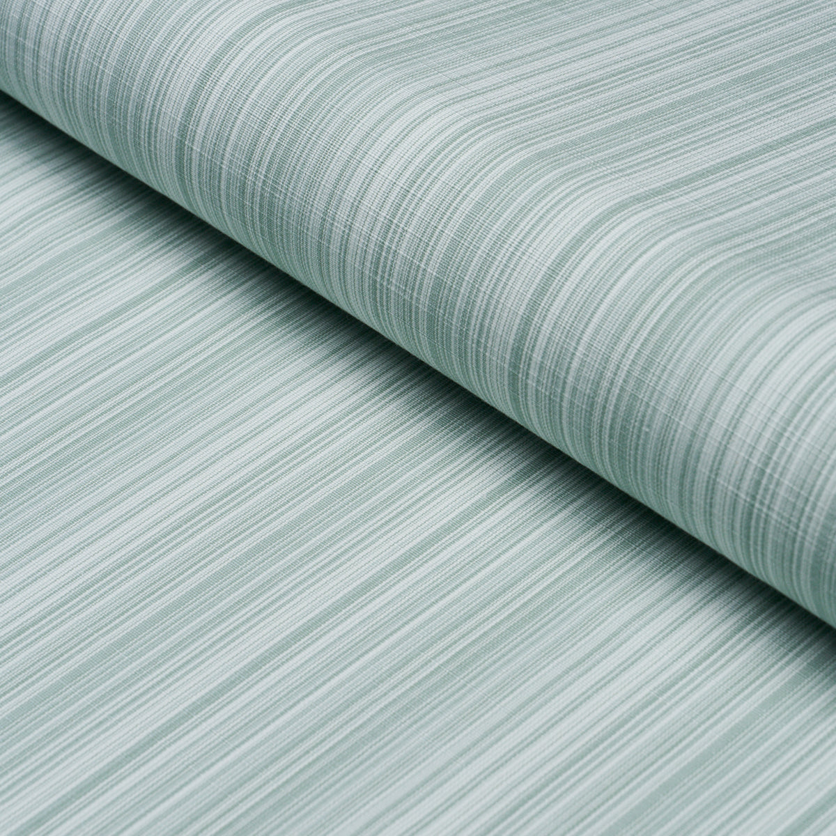 Light teal fabric roll with fine linear stripes; soft woven texture for upholstery or home decor.