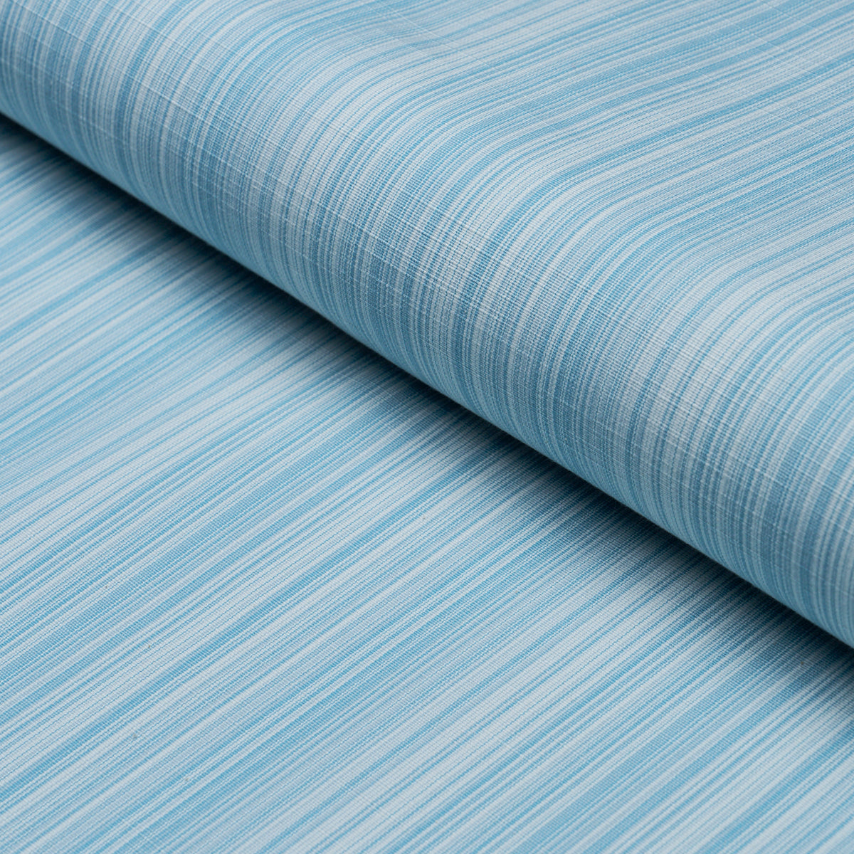 Robin's egg blue striped fabric with fine darker blue lines, softly rolled and folded.
