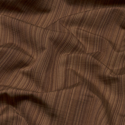 Brown striped fabric with subtle pinstripe, soft drape, likely wool or cotton blend, suitable for apparel.