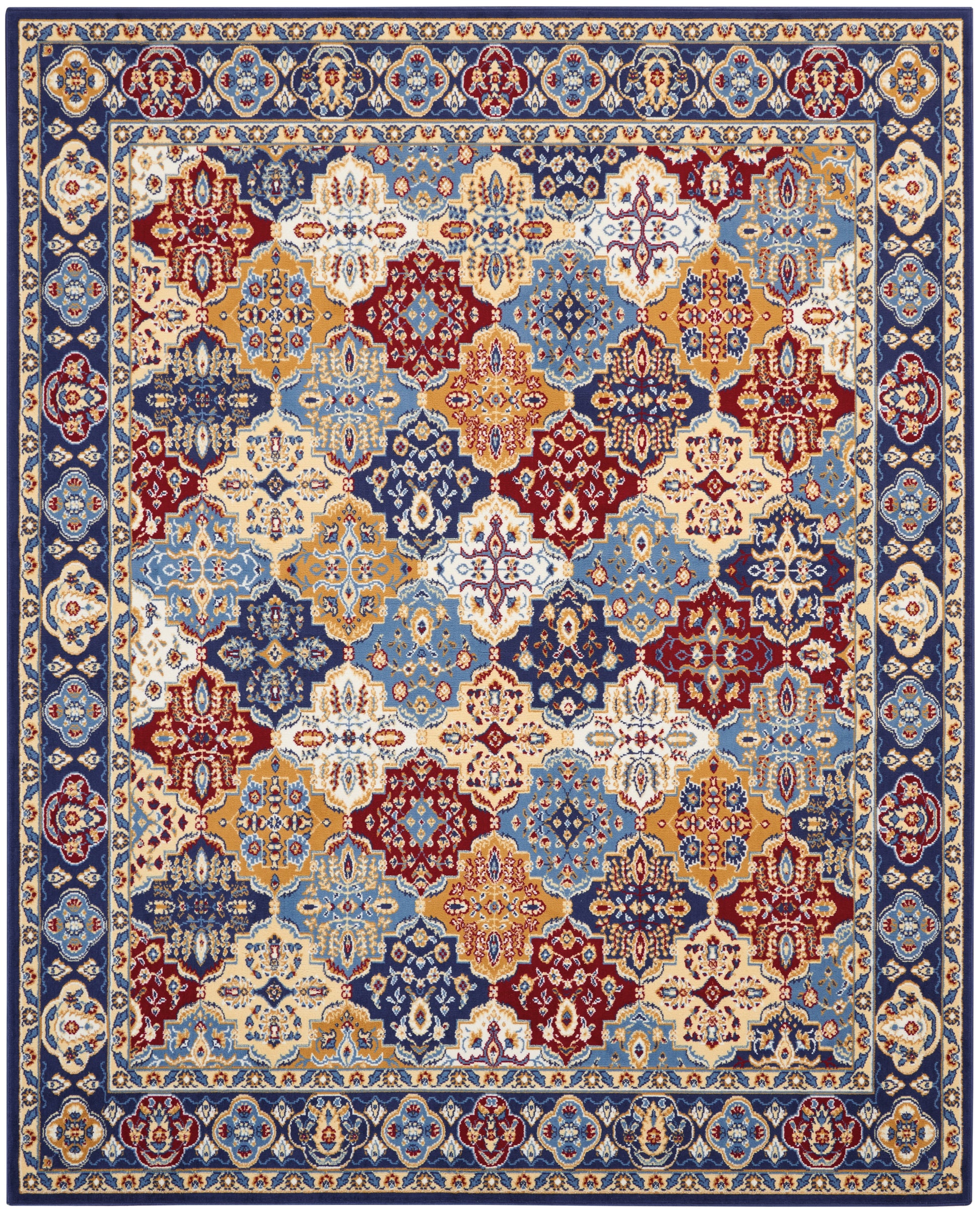 Colorful Persian-style area rug with intricate floral medallion pattern in blue, red, gold and ivory; ornate border.