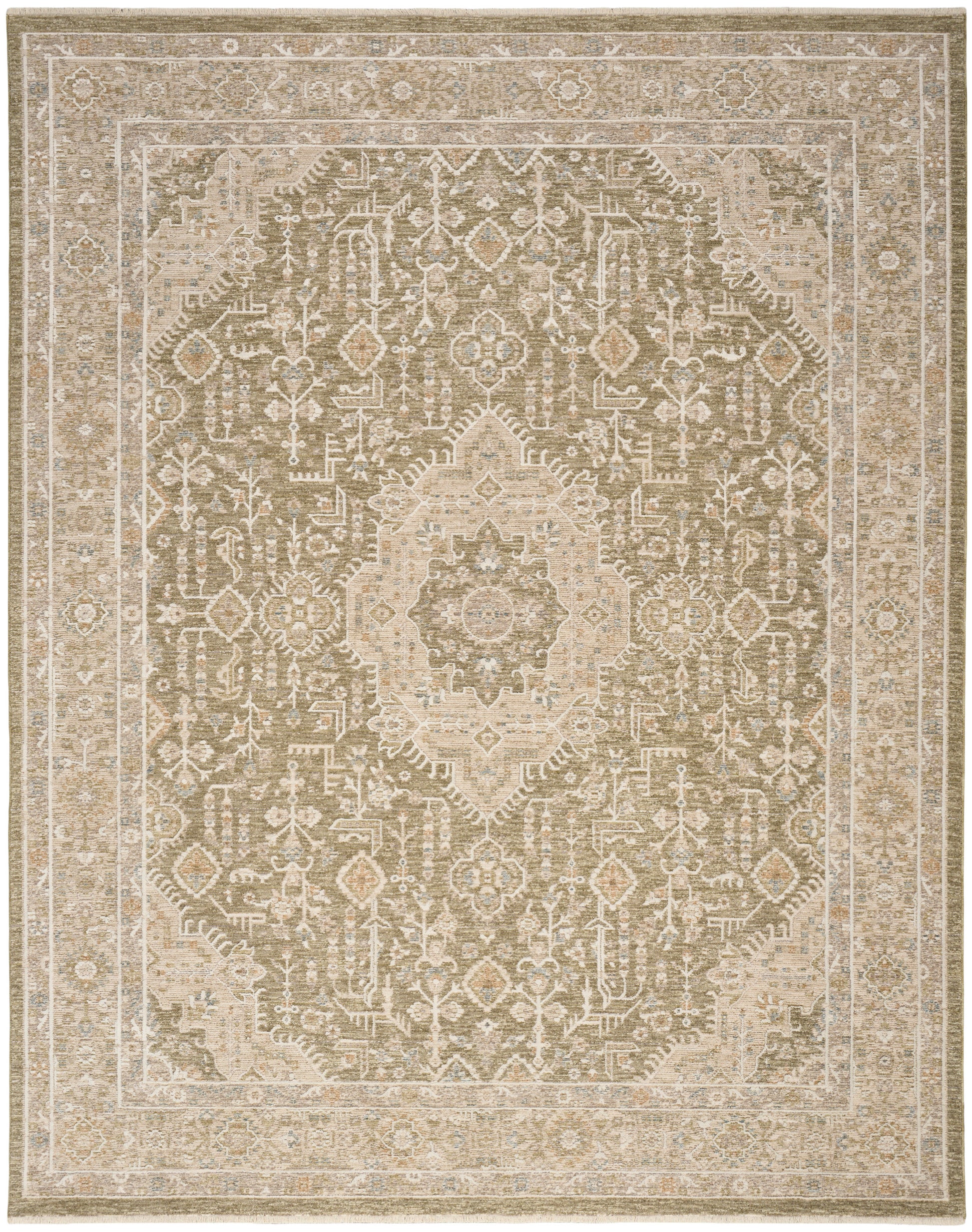 Beige oriental area rug with central medallion, cream and taupe floral motifs, and decorative layered borders.