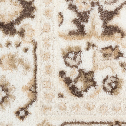 Beige & cream oriental rug close-up with brown floral motifs & plush pile.