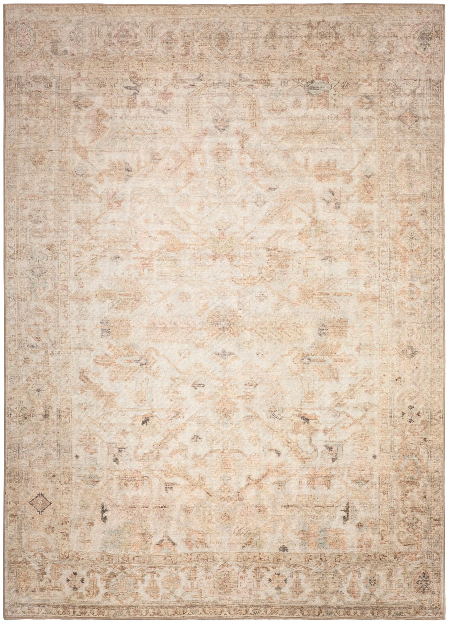 Cream distressed oriental rug with pale peach and taupe accents, faint central medallion and ornate border.