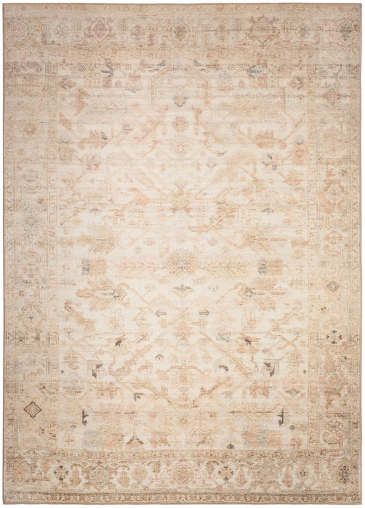 Cream distressed oriental rug with pale peach and taupe accents, faint central medallion and ornate border.