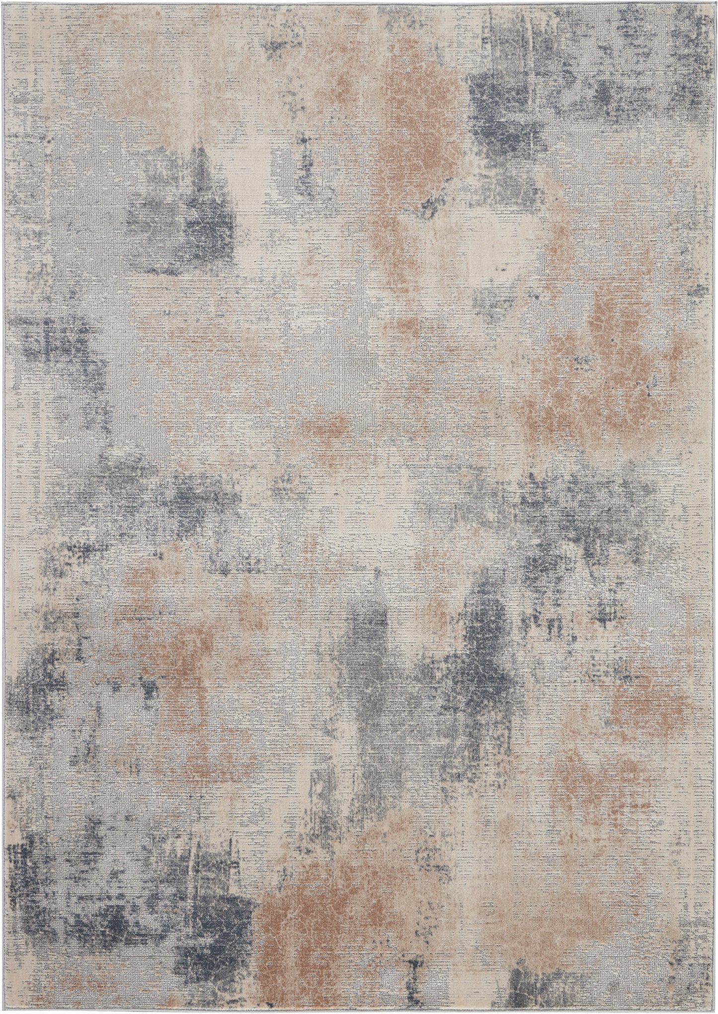 Abstract distressed area rug in blue-gray, beige and tan patches; rectangular modern design for living room.