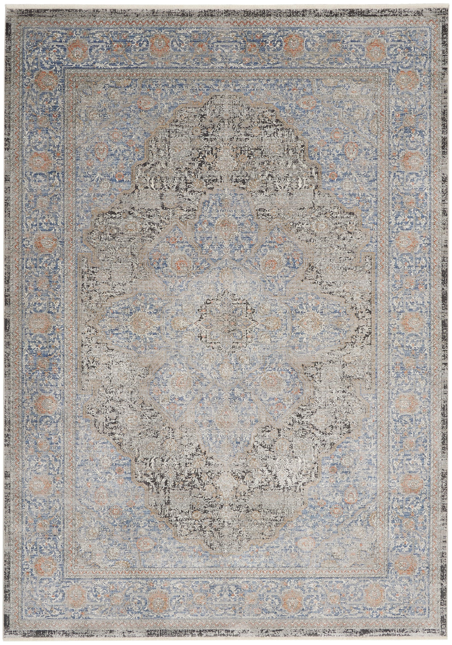 Rectangular distressed Persian-inspired rug in blue, beige and ivory with a central medallion and ornate floral border.