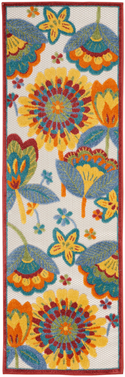 Vibrant floral runner rug with red border; large yellow, orange and blue flowers with green leaves on white background.