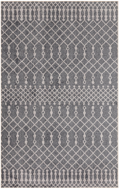 Grey area rug with white geometric lattice and teardrop motifs; contemporary, boho-style rug.