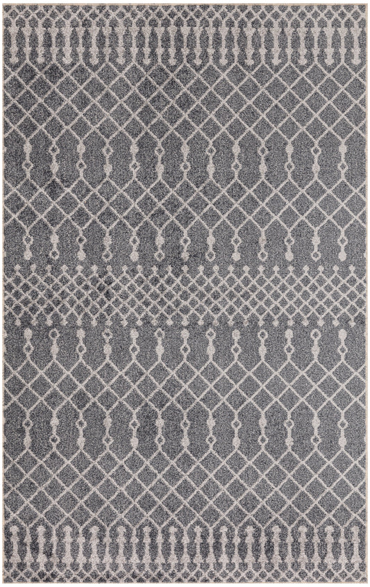 Grey area rug with white geometric lattice and teardrop motifs; contemporary, boho-style rug.