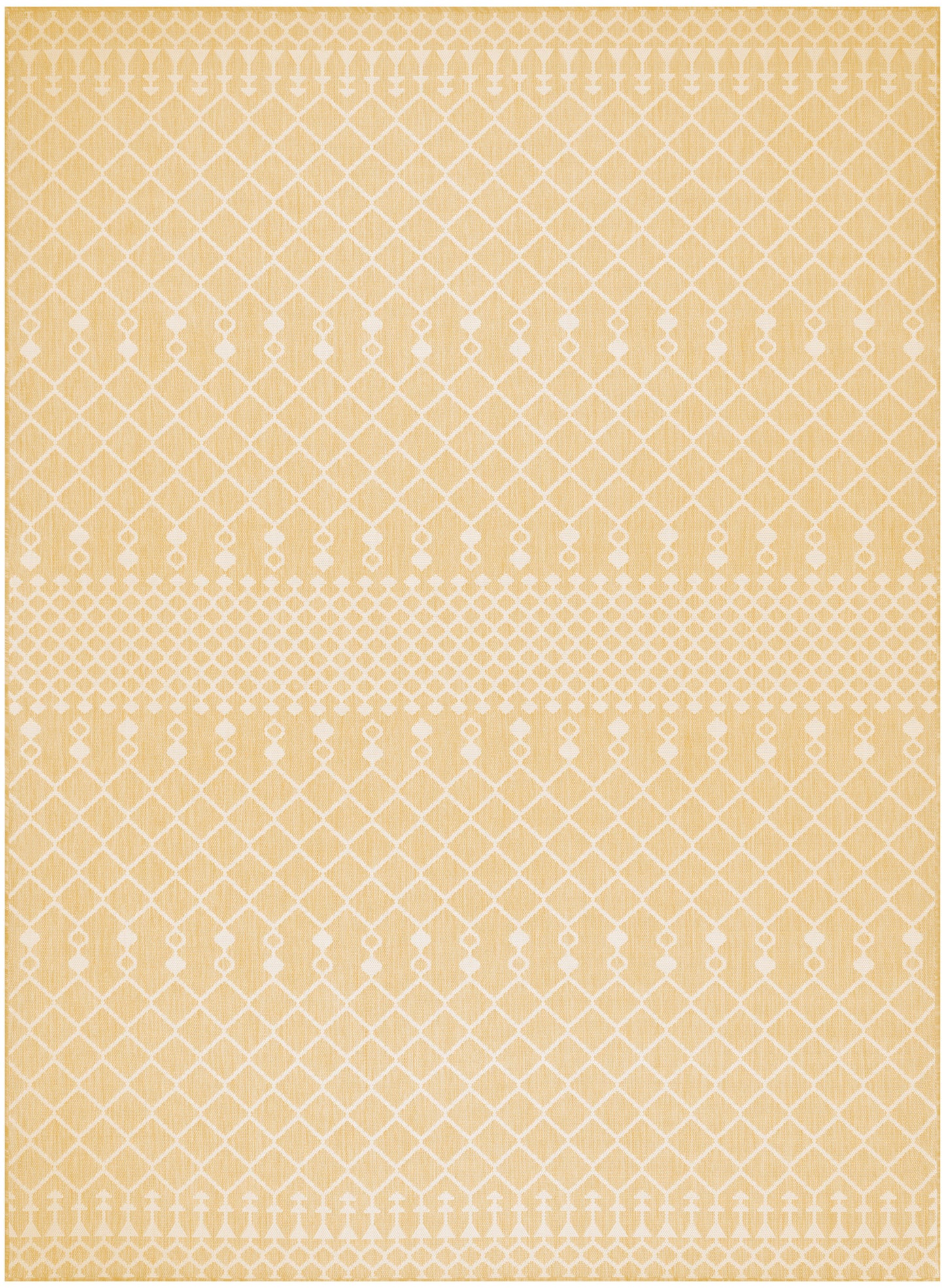 Beige rectangular rug with white geometric lattice diamond pattern and dotted borders, warm living room decor.