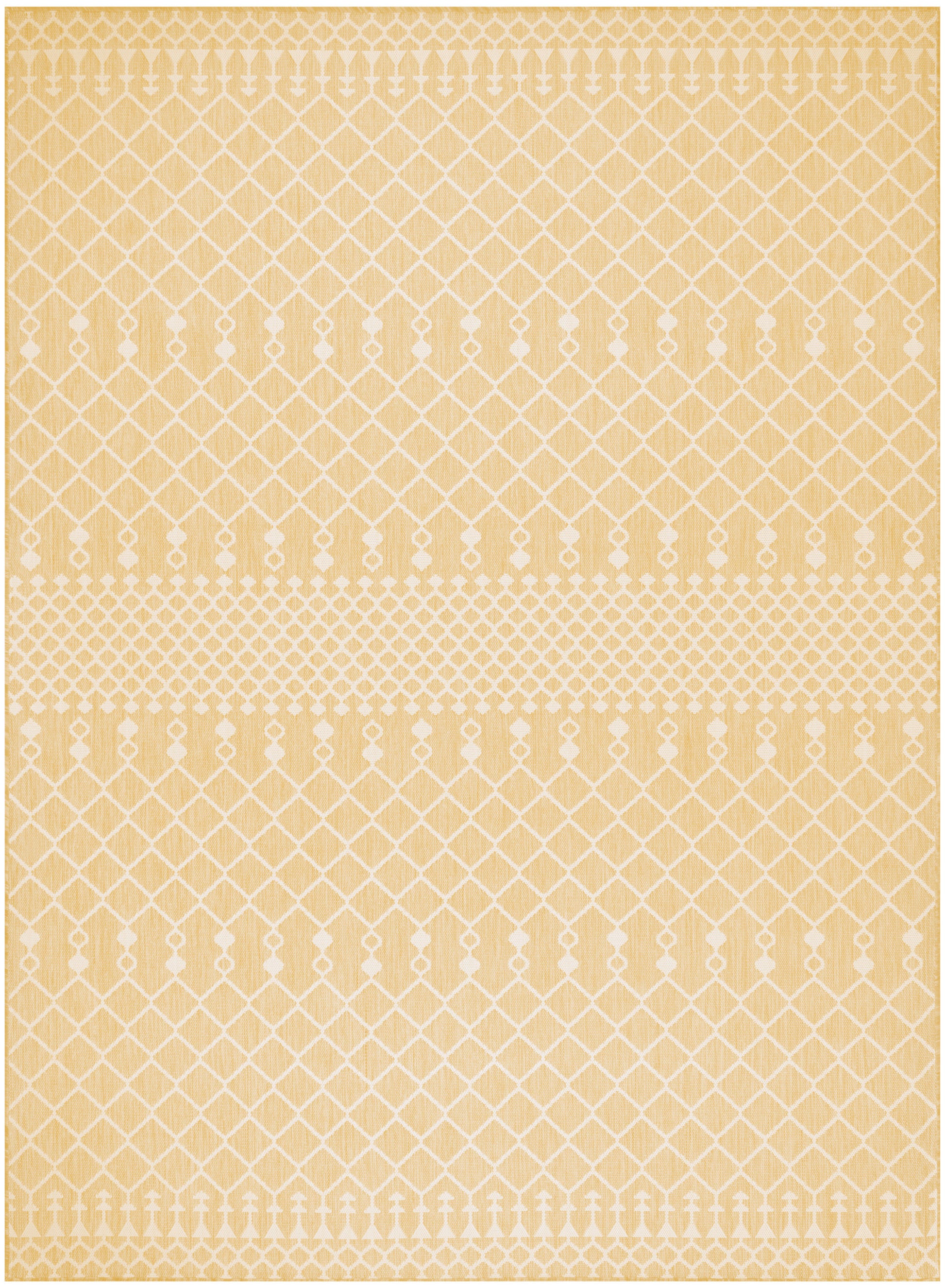 Beige rectangular rug with white geometric lattice diamond pattern and dotted borders, warm living room decor.