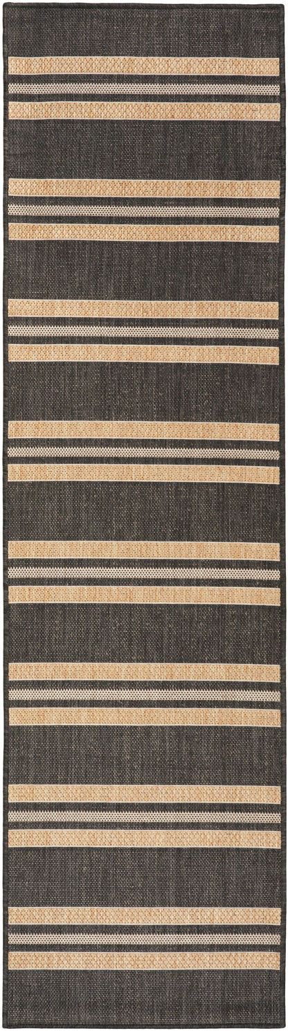 Charcoal woven hallway runner rug with repeated beige stripes, including solid and dotted bands.