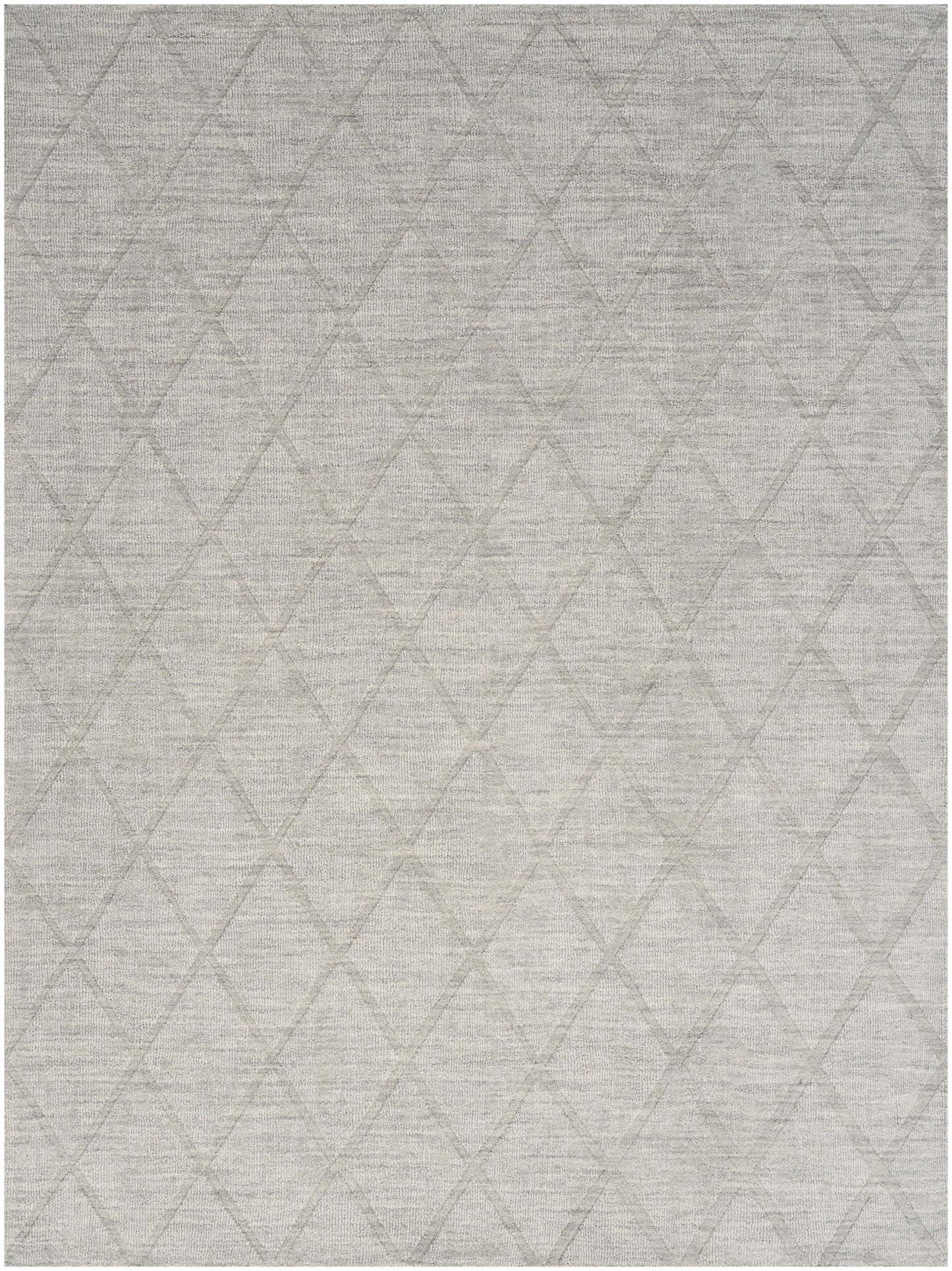 Light gray woven rug with subtle diamond lattice pattern and soft textured surface.