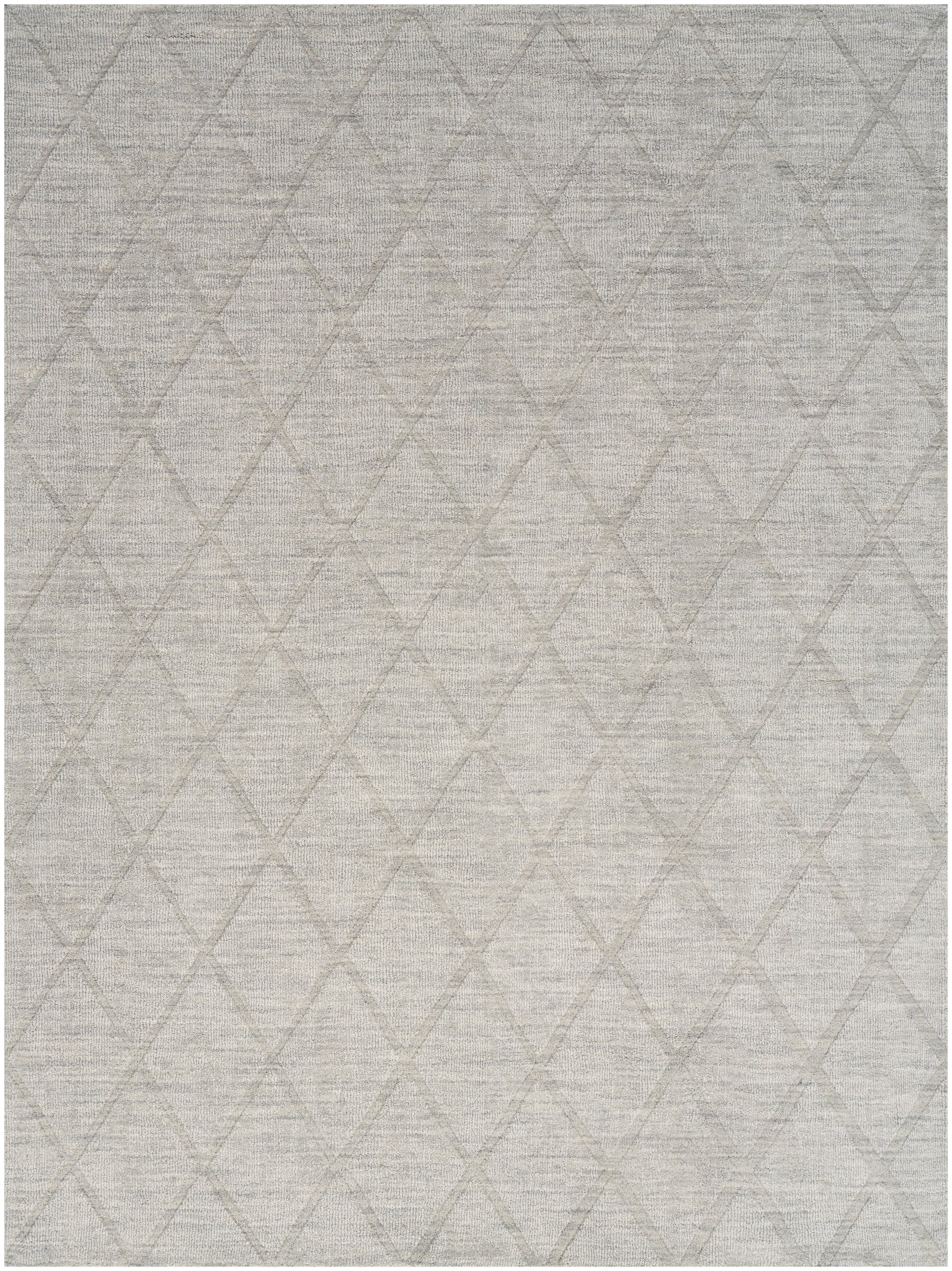 Light gray woven rug with subtle diamond lattice pattern and soft textured surface.