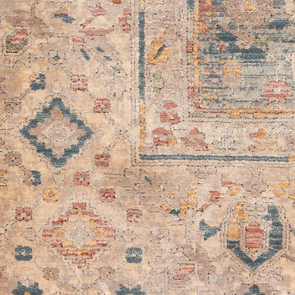 Distressed beige oriental rug with teal, blue, coral and yellow geometric medallions and a bordered frame.