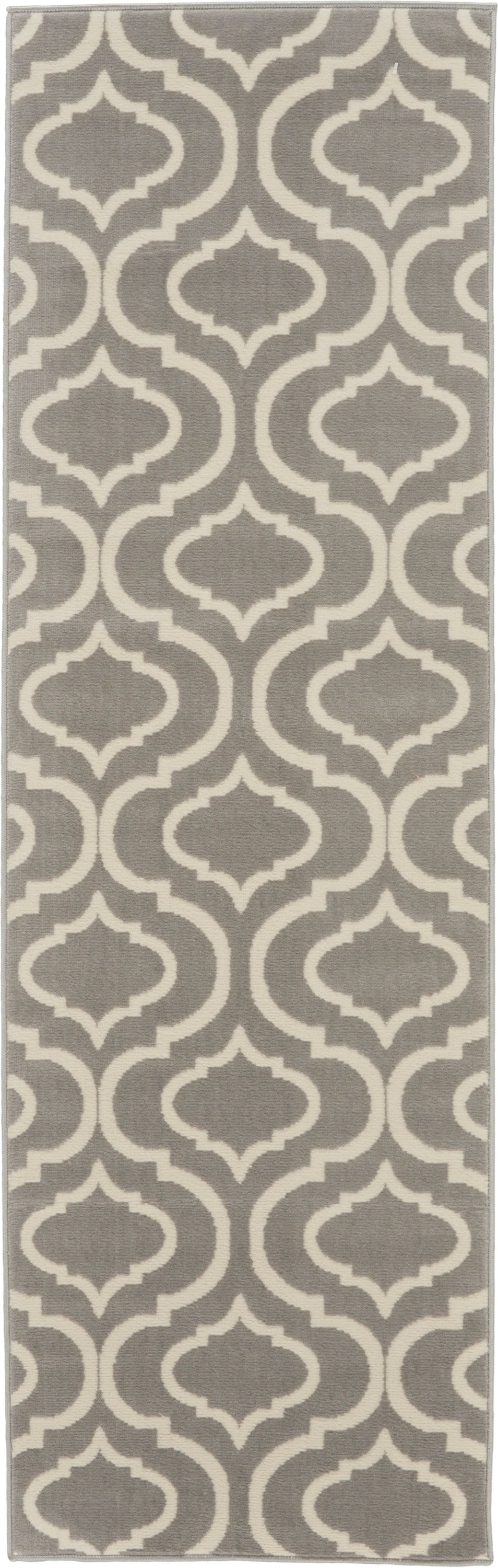 Gray runner rug with white trellis pattern; soft, textured pile for hallway.
