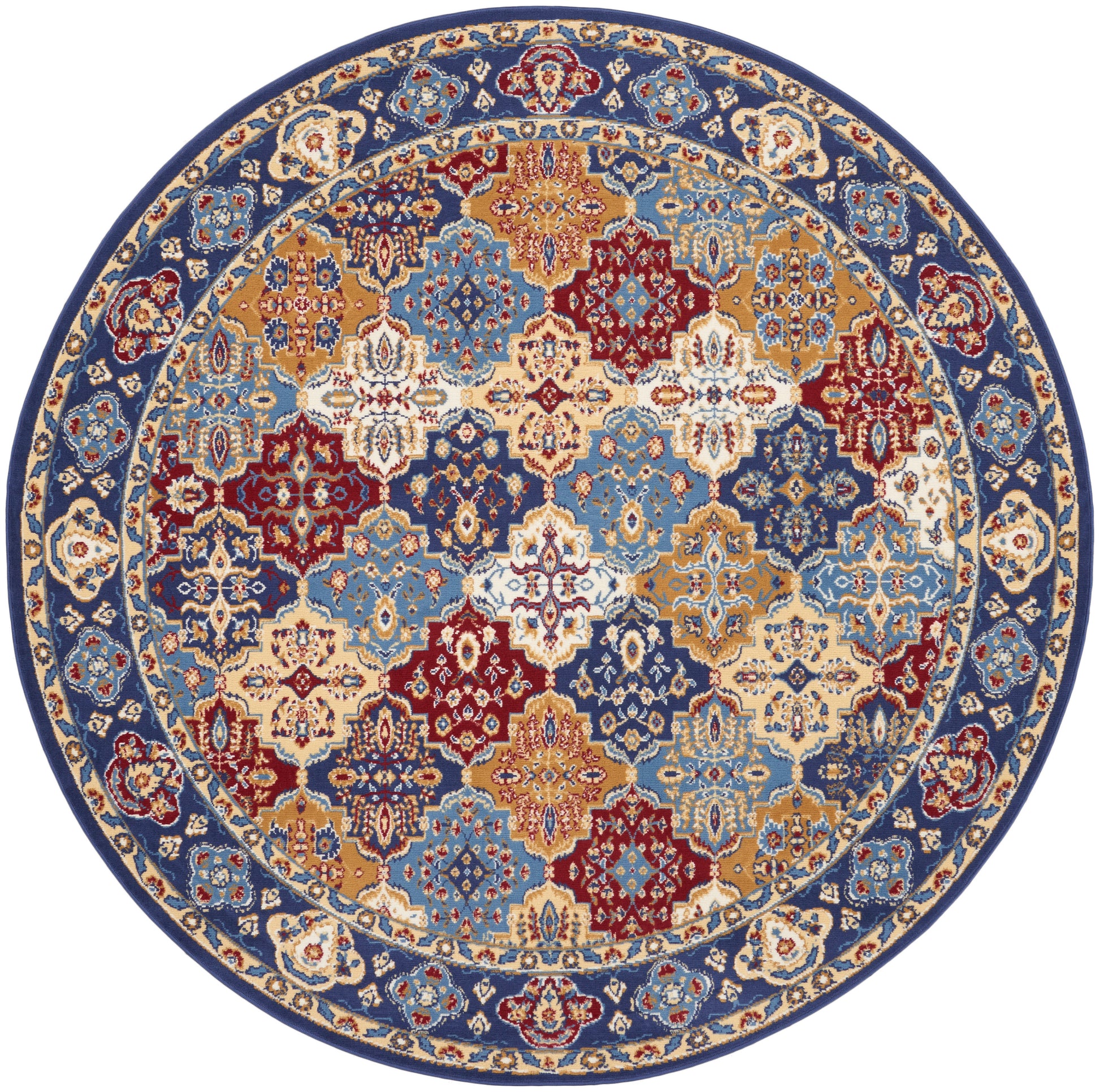 Round oriental rug with blue border and intricate multicolor floral lattice in navy, gold, red, ivory.