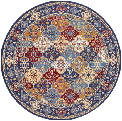 Round oriental rug with blue border and intricate multicolor floral lattice in navy, gold, red, ivory.