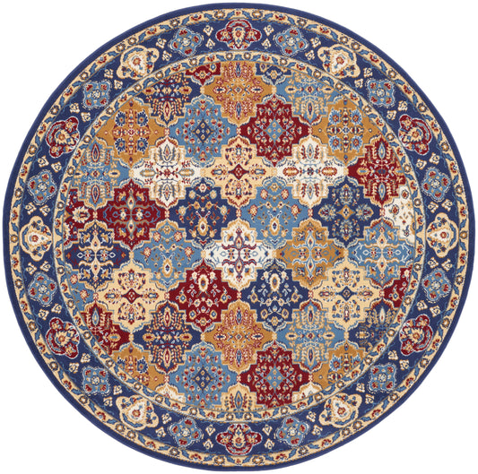 Round oriental rug with blue border and intricate multicolor floral lattice in navy, gold, red, ivory.