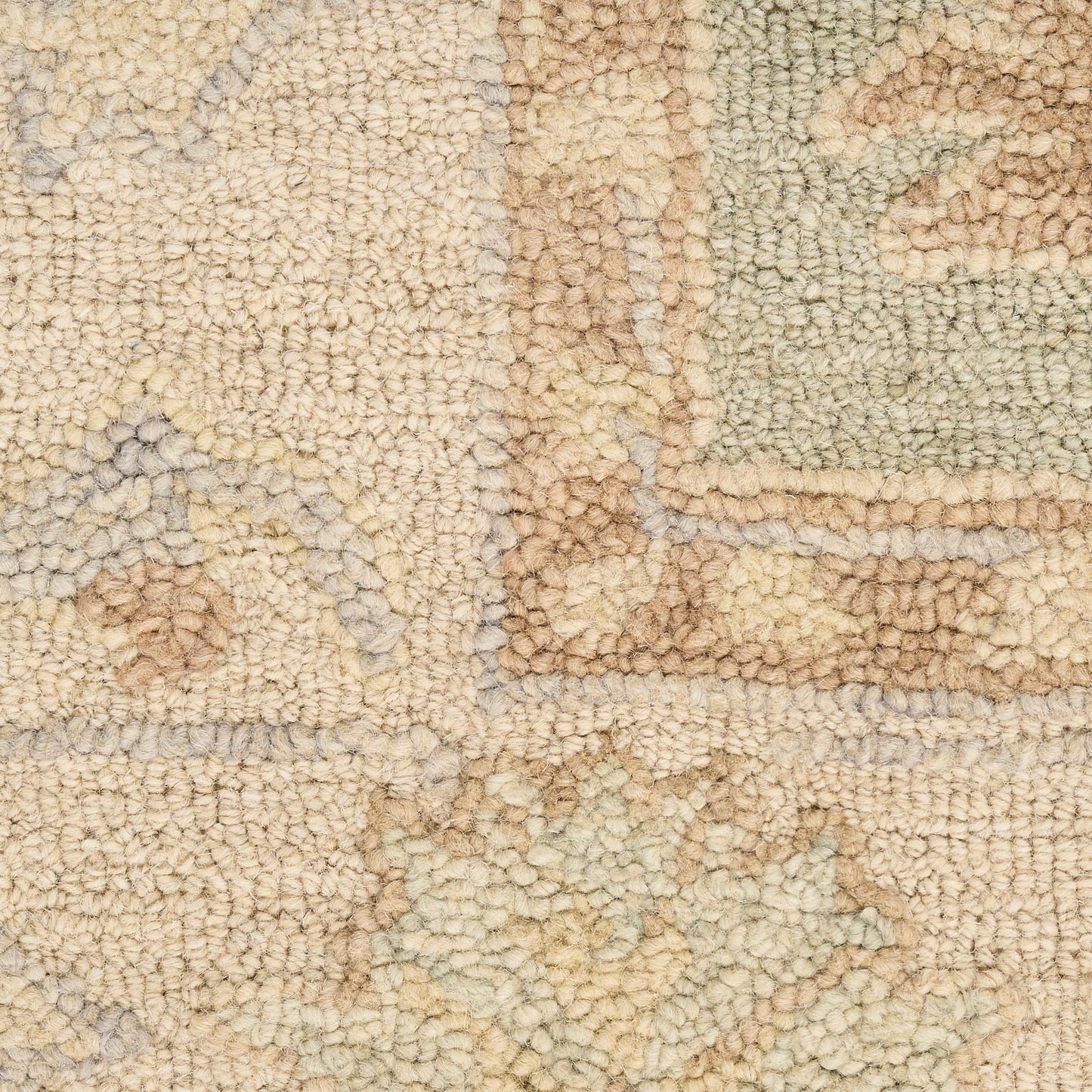 Beige shag rug with a soft chunky pile and subtle abstract pattern in cream, tan, and light gray.