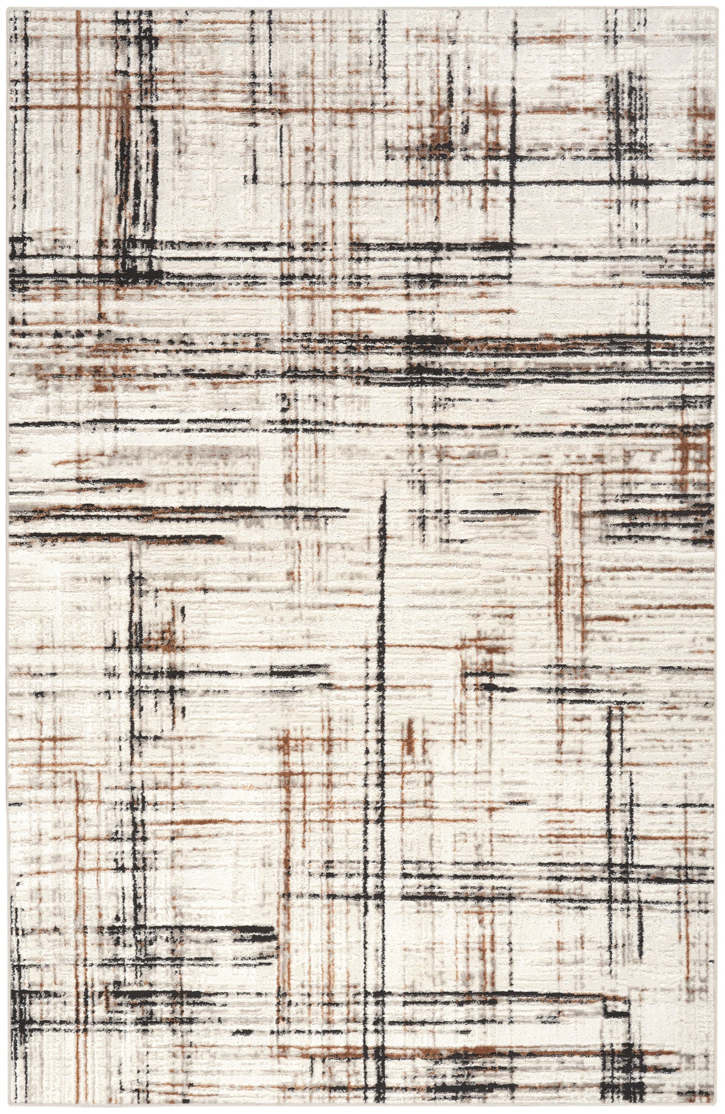 Rectangular abstract area rug with black, brown and rust lines on cream, distressed geometric grid; modern decor.