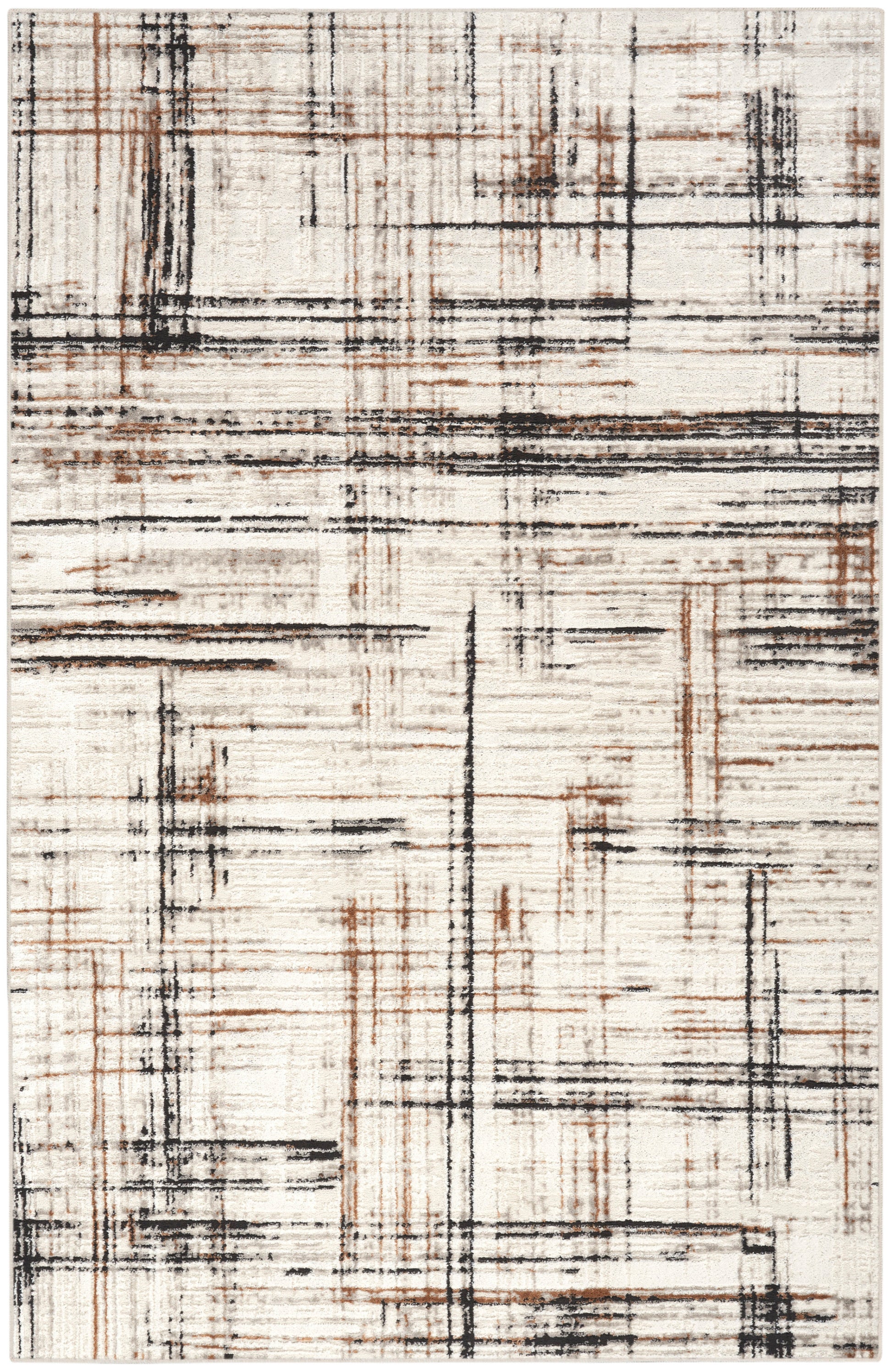 Rectangular abstract area rug with black, brown and rust lines on cream, distressed geometric grid; modern decor.