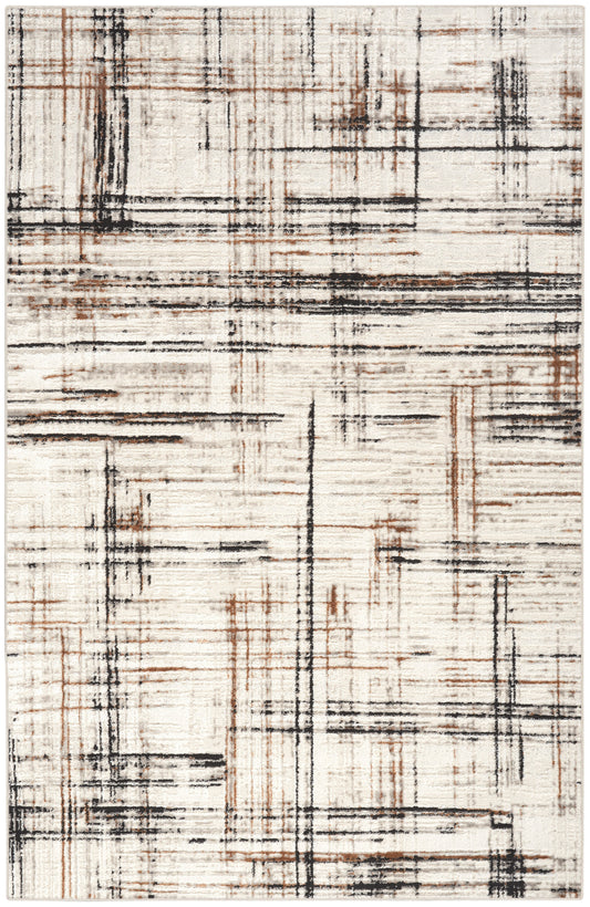 Rectangular abstract area rug with black, brown and rust lines on cream, distressed geometric grid; modern decor.