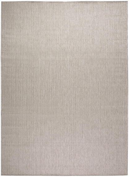 Beige woven rug with subtle herringbone pattern in taupe tones, rectangular neutral area rug.