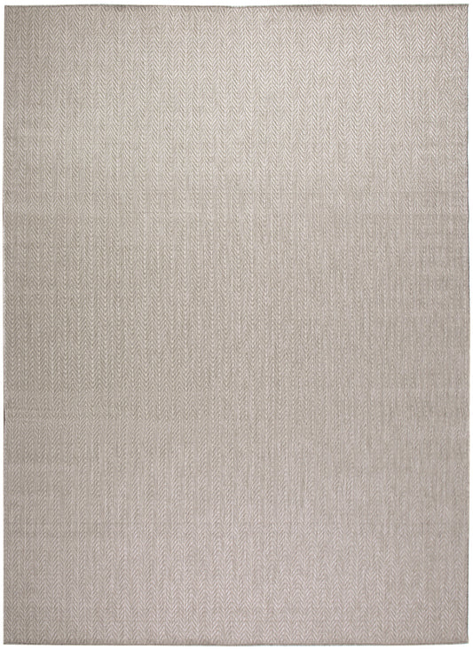 Beige woven rug with subtle herringbone pattern in taupe tones, rectangular neutral area rug.