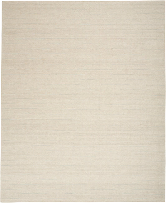 Beige flat-weave rug with subtle horizontal striations and natural linen texture, 6' x 9'.