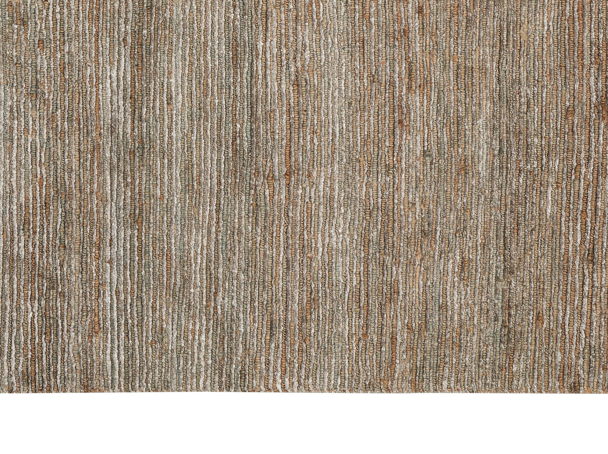 Close-up of a brown and beige woven rug with vertical stripe texture in earthy tones.