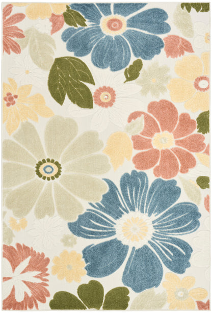Large floral rug with blue, coral, pale yellow blossoms and green leaves on cream background.