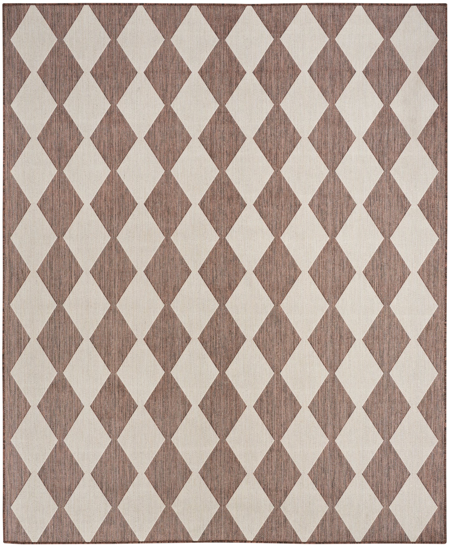 Rectangular woven rug with brown and beige diamond argyle pattern, textured surface and border for warm, neutral decor.