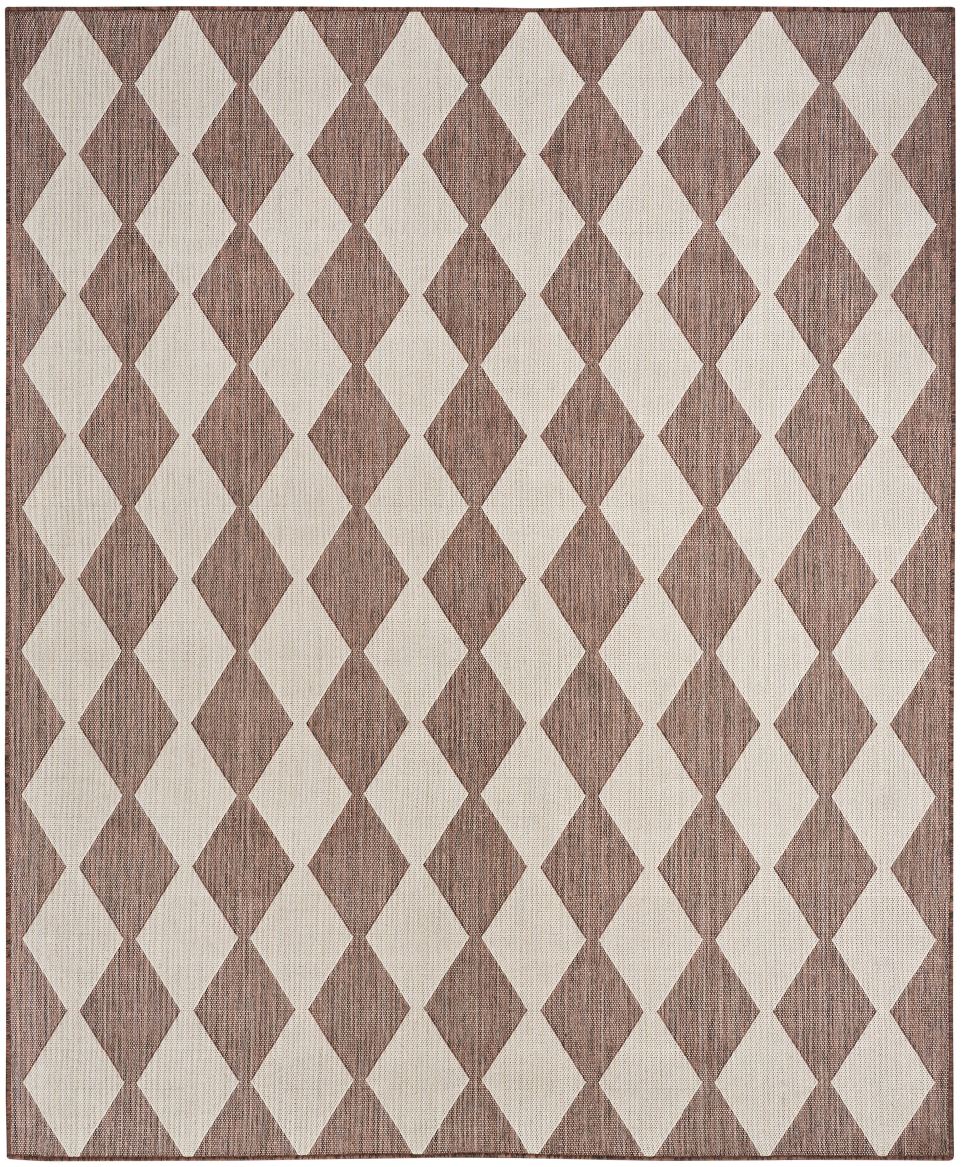 Rectangular woven rug with brown and beige diamond argyle pattern, textured surface and border for warm, neutral decor.