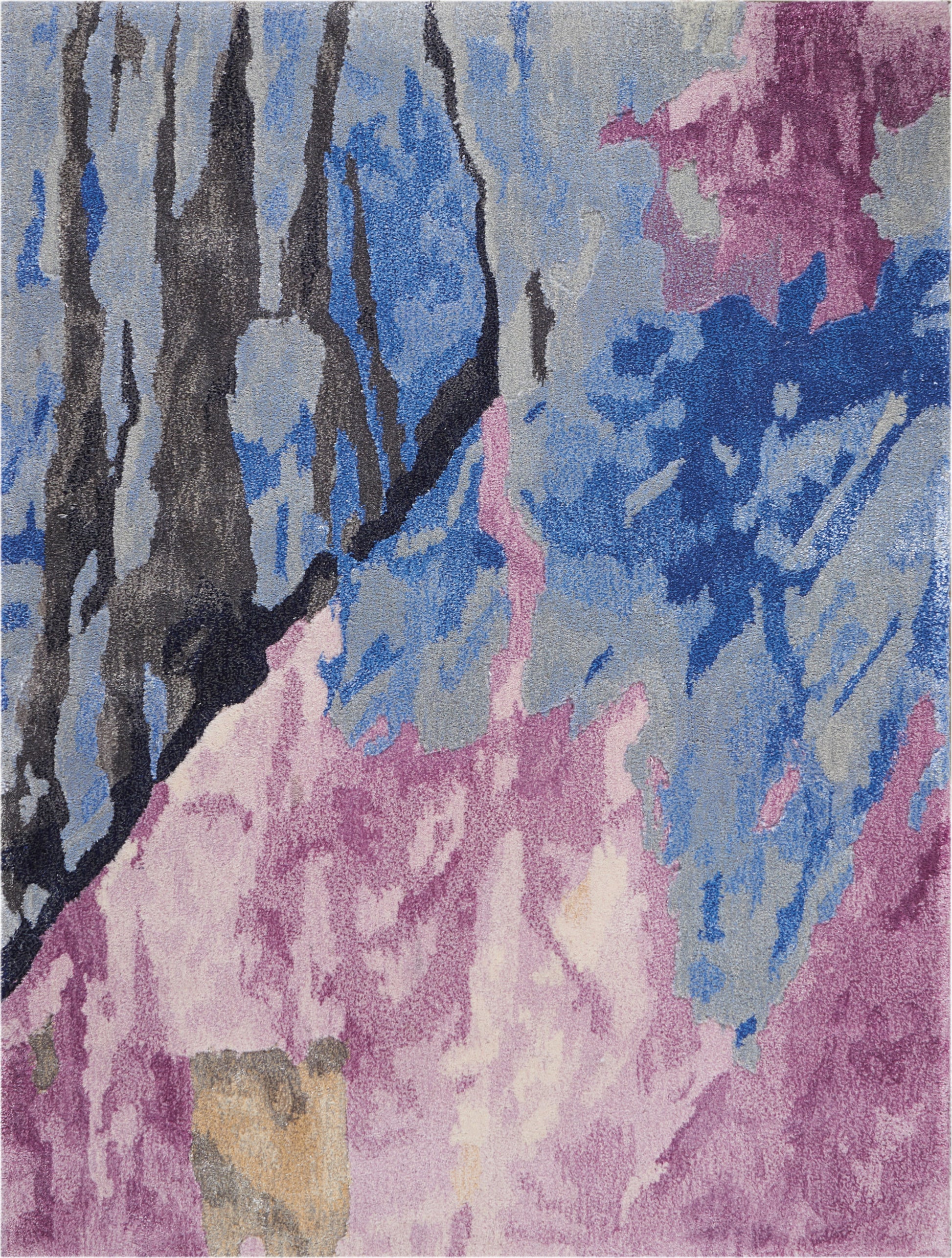 Abstract modern area rug with blue, pink and purple patches on a gray backdrop; plush textured pile for living room.