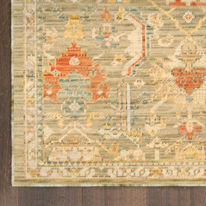 Intricate oriental runner with beige, blue and red floral motifs on a wood floor with a decorative border; 12' long.